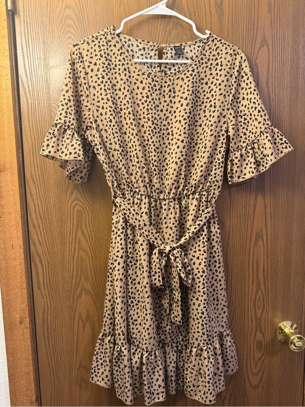 Women’s Tan Animal Print Ruffle Dress with Tie Waist